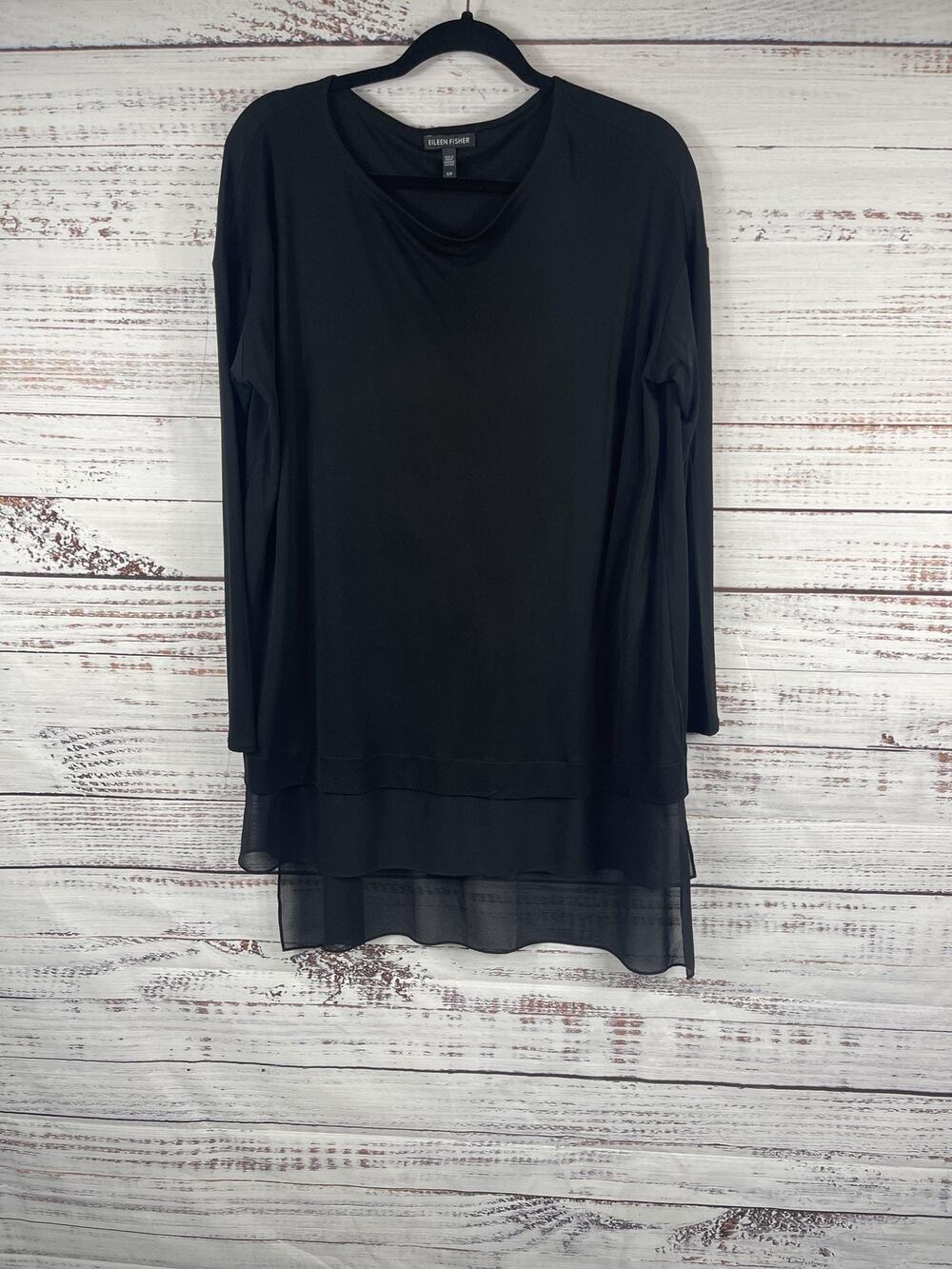 Eileen Fisher Women's SZ Small Petite Black Silk Sheer Hem Tunic Top Long Sleeve